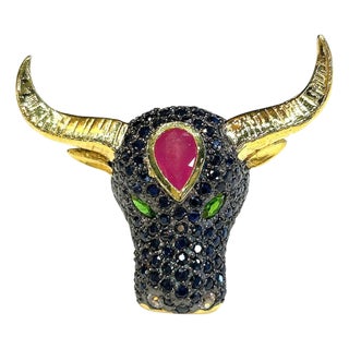 Bochic "Orient" Neoclassical Bull, Ruby & Sapphire Ring Set 18K Gold & Silver For Sale