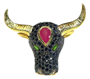 Bochic "Orient" Neoclassical Bull, Ruby & Sapphire Ring Set 18K Gold & Silver