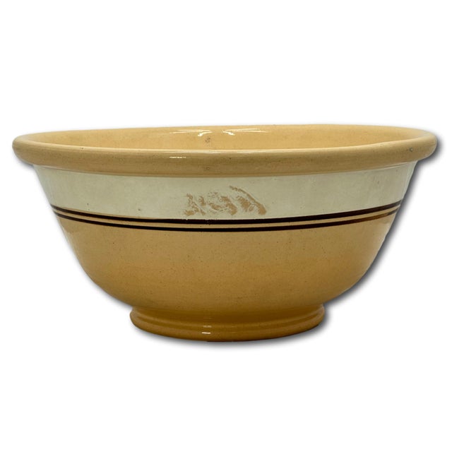 Nice Antique Large Thick & Heavy 13 Inch Brown & Cream Color Banded Yellow Ware Kitchen Mixing Bowl - Circa Late 1800s For Sale - Image 4 of 18