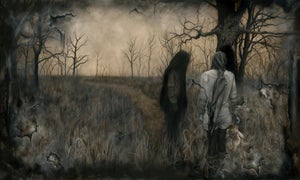 Loss of Innocence by Kierstin Young | Oil on Masonite Two figures in a desolate landscape.