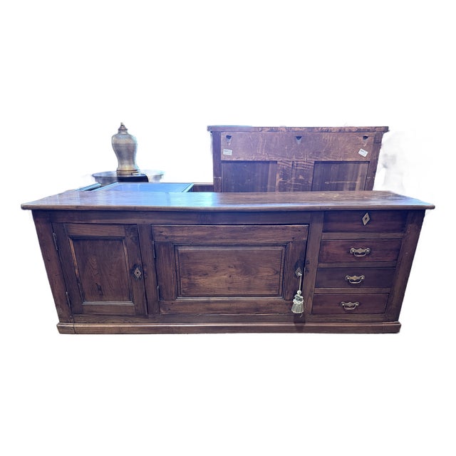 19th Century Primitive Oak Sideboard Cabinet With Drawers & Paneled Storage Doors For Sale