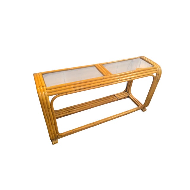Tan Rattan Console Table With Smoked Glass Inserts For Sale - Image 8 of 9