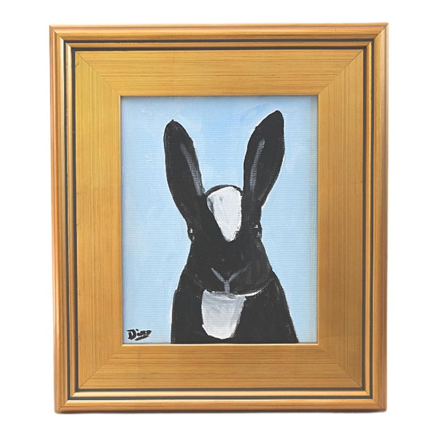 Folk Art Bunny Rabbit Hare Oil Painting Including the Antiqued Gold Wood Frame For Sale In Los Angeles - Image 6 of 6