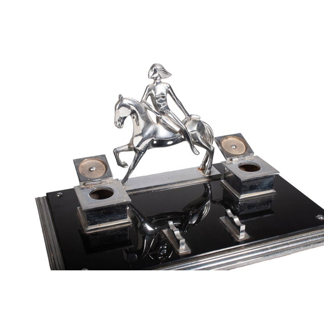 Early 20th Century French Art Déco Metal Desk Tidy With Woman Horseriding, Pen Holder and a Pair of Inkwells For Sale - Image 6 of 8
