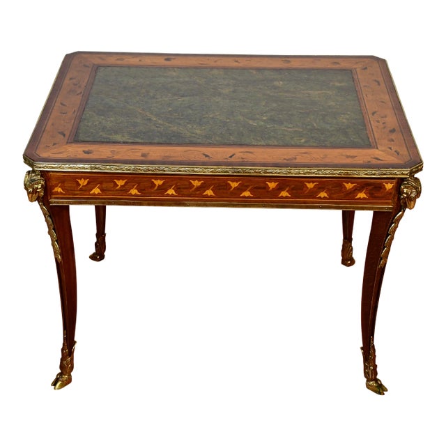 c.1910 French Louis XV Walnut Coffee Table With Satinwood Inlay & Green Marble Top Bronze Mounts For Sale