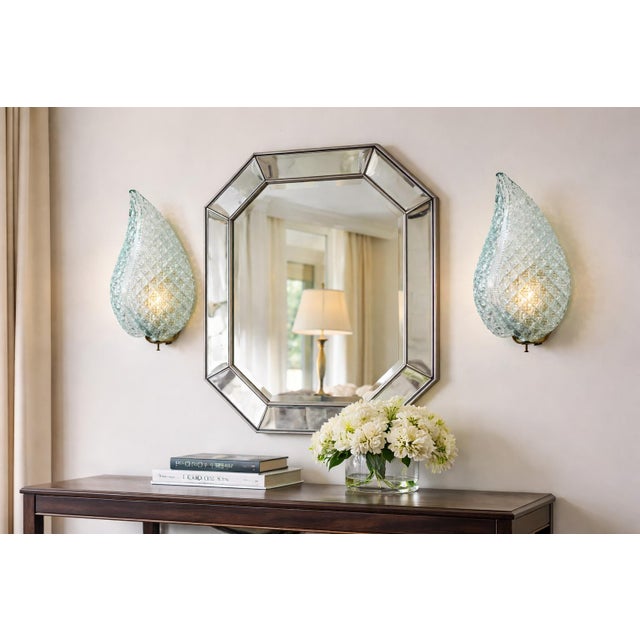 Stunning set of 2 Murano wall light by artist Ercole Barovier with rare blue acquamarina glass. The wall light consist of...