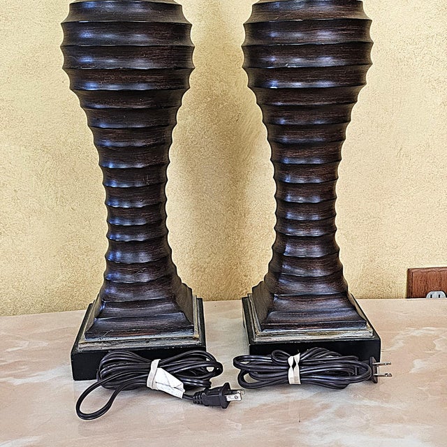 Wood Vintage Uttermost Carved Wood-Finish Urn Table Lamps With Damask Shades – Pair For Sale - Image 7 of 18