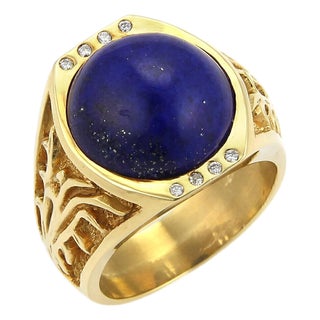 Mid 20th Century 18k Yellow Gold Diamond & Lapis Open Design Solitaire Ring Size 9 For Sale