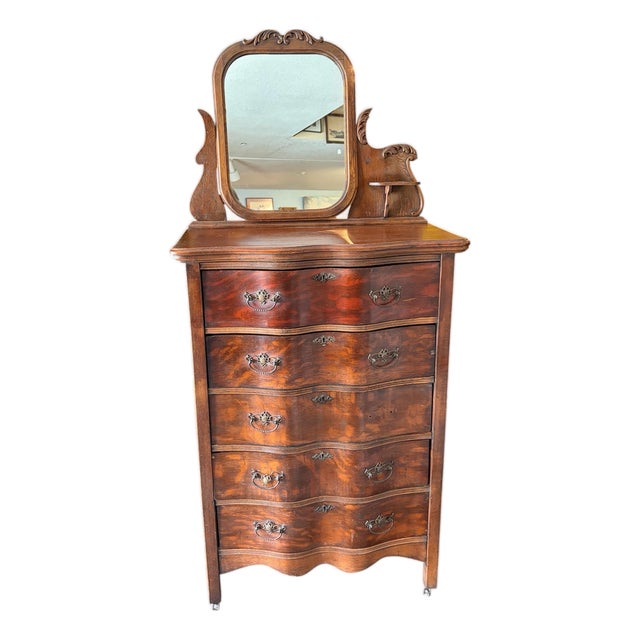 1800s Serpentine-Front Tall Dresser W/ Swivel Mirror For Sale