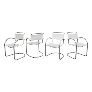 Bauhaus White Leather and Chrome Cantilever Chairs, Italy, 1970s, Set of 4 For Sale