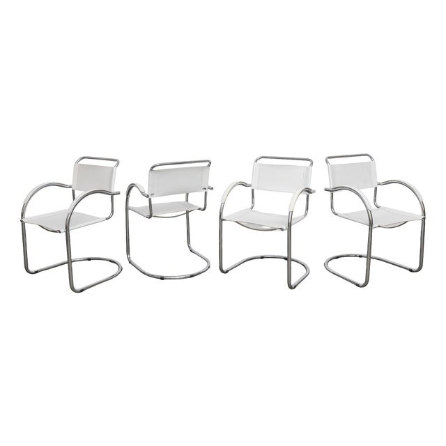 Bauhaus White Leather and Chrome Cantilever Chairs, Italy, 1970s, Set of 4 For Sale