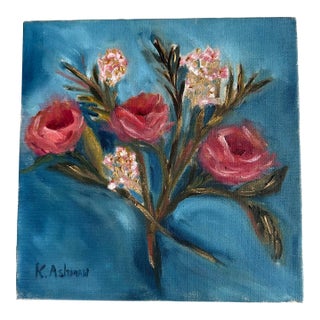 Small Contemporary Roses With Gold Accents & Teal Background, Painted on Linen Style Canvas by American Artist Kristin Ashman. “Golden Teal.” For Sale