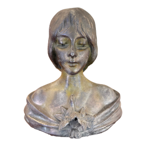 Antique Art Nouveau Cast Metal Bust of a Woman With Lily Motif, Early 20th Century
