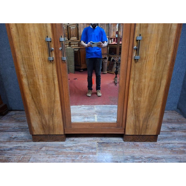 Art Deco Style Three-Door Mirrored Wardrobe in Fruitwood Veneer, 1930s For Sale - Image 3 of 10