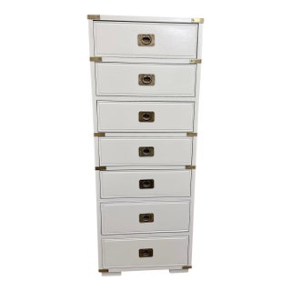 1960s Thomasville Vintage Hollywood Regency White & Gold Campaign Tall Lingerie Dresser Chest For Sale