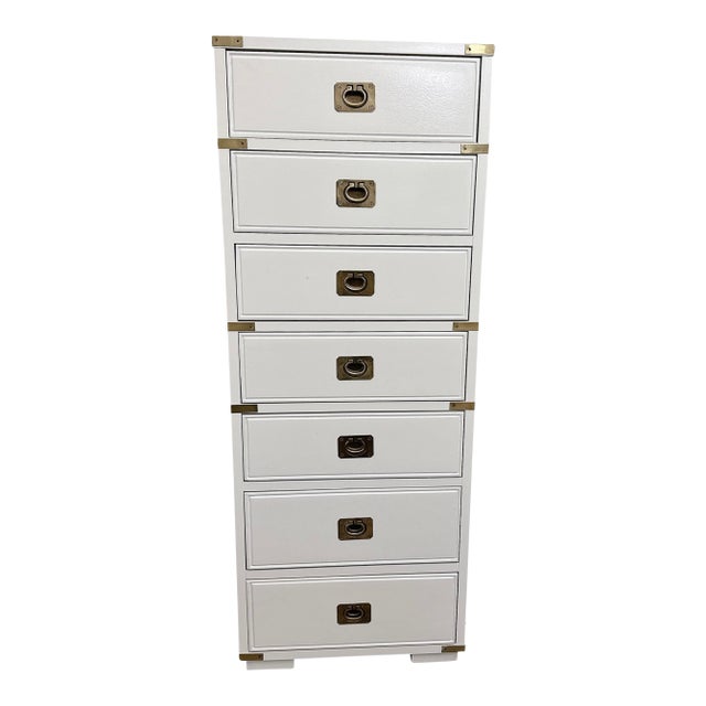 1960s Thomasville Vintage Hollywood Regency White & Gold Campaign Tall Lingerie Dresser Chest For Sale