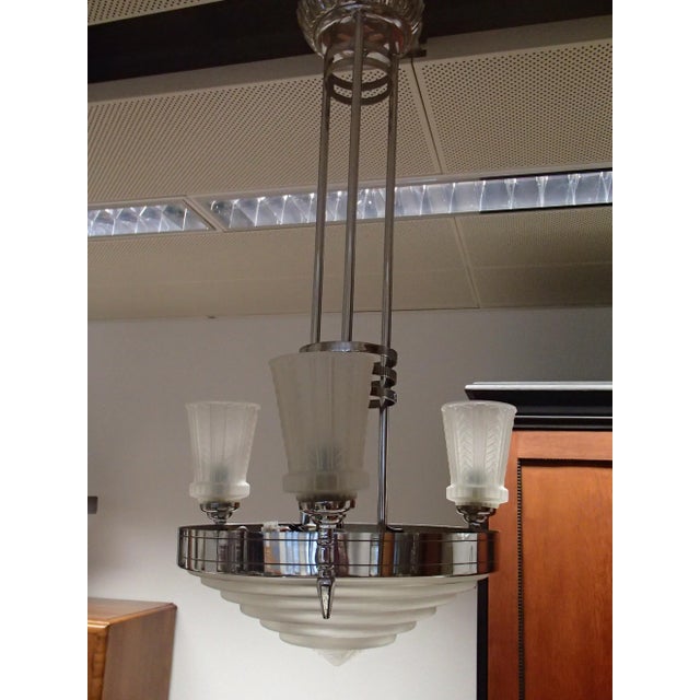 Silver Nickel and Geometric Glasses Ceiling Lamp by Jules Leleu for Maison Leleu, 1930s For Sale - Image 8 of 8