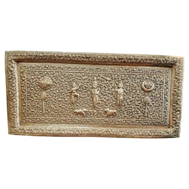 19th Century Indian Brass Wall Plaque With Hindu Deities and Floral Relief For Sale - Image 12 of 12