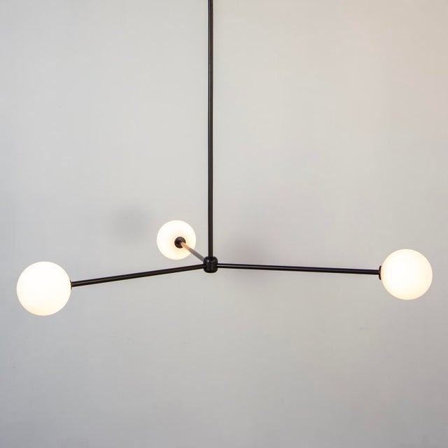 Metal Globe Chandelier 3, Black, 27.25in H, 5 Inch Glass Globes, by Research.Lighting, Modern, Minimal Hanging Light For Sale - Image 7 of 10