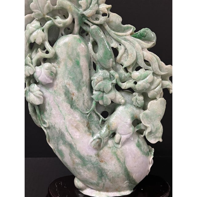 Gemstone 2000s Chinese Art Carved Jadeite Fruits, Children, Flowers, Trees, With Wooden Base For Sale - Image 7 of 11