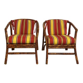 Faux Tortoise Rattan Chairs With Cushions - a Pair For Sale