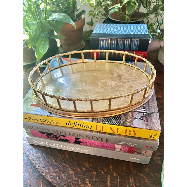 Mid-Century Modern Vintage Brass Faux Bamboo Chinoiserie 12” Oval Gallery Tray For Sale - Image 3 of 8