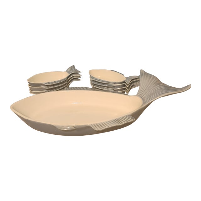 1970s Secla Pottery 9 Piece Fish Design Serving Set For Sale