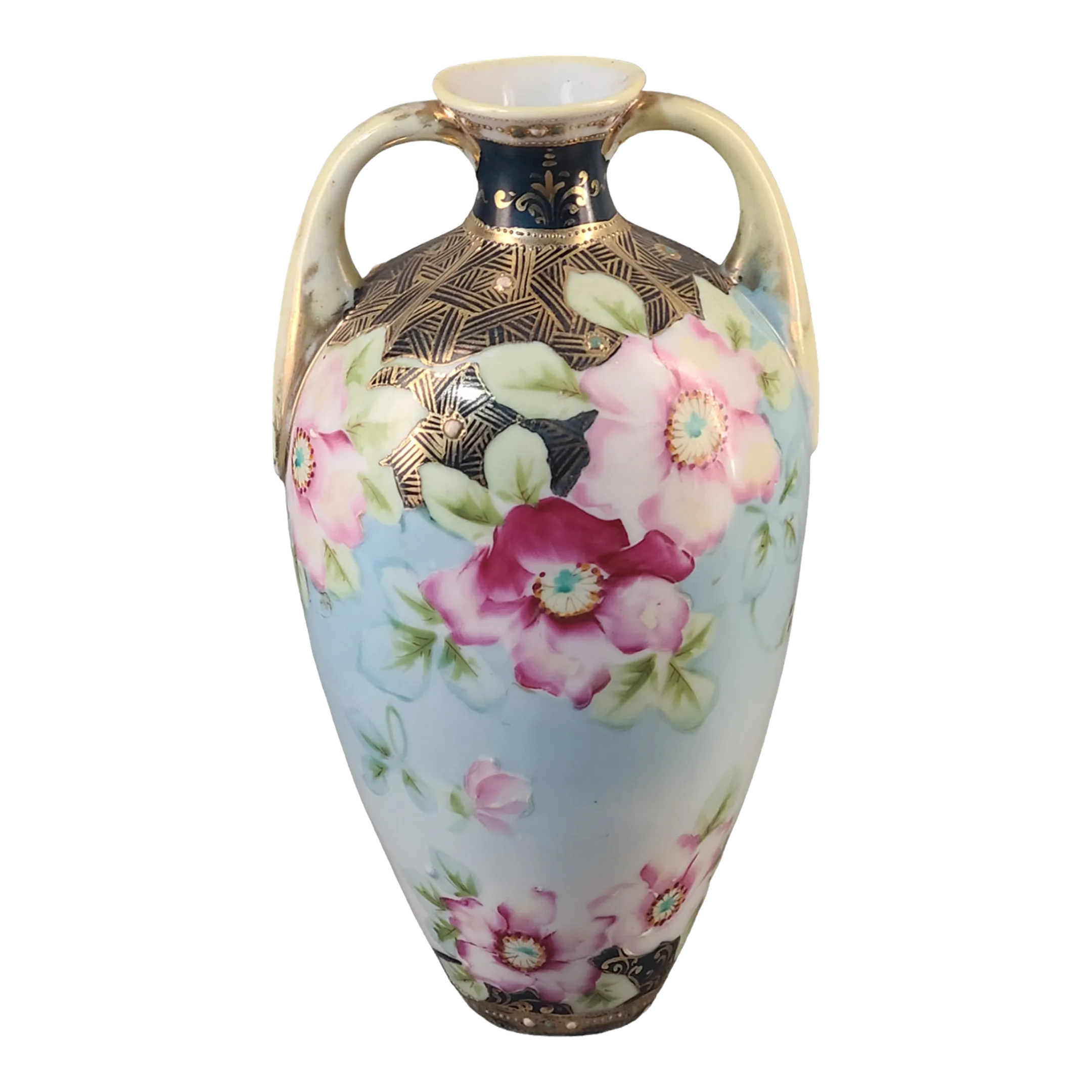NIPPON Hand painted花柄ホワイト花瓶 四角い口 2持ち手 Early 20th Century Nippon Double Handle Hand Painted Wild Roses
