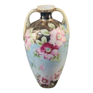 Early 20th Century Nippon Double Handle Hand Painted Wild Roses Vase Maple Leaf Mark