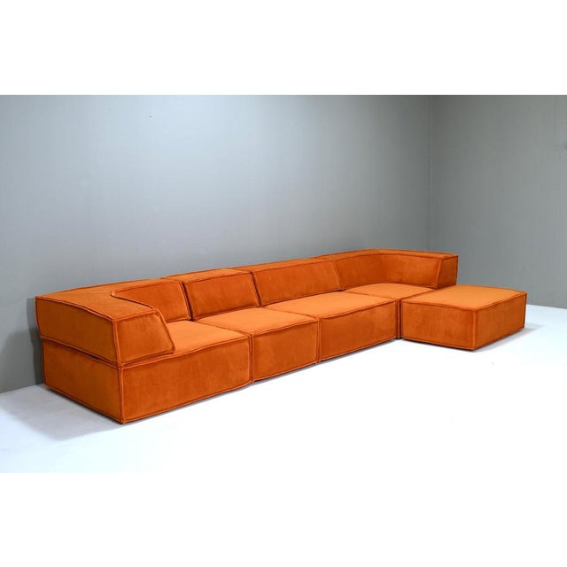 This cor trio sofa has been new upholstered in an amazing burnt orange high pole velvet fabric, just like the original...