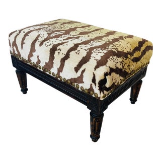 Antique Footstool Recovered in Scalamandre Tiger Velvet For Sale