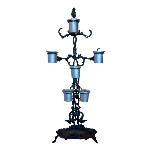 Early 20th Century Solid 68" Tall Black Heavy Solid Wrought Iron Plant Pot Holder Stand For Sale