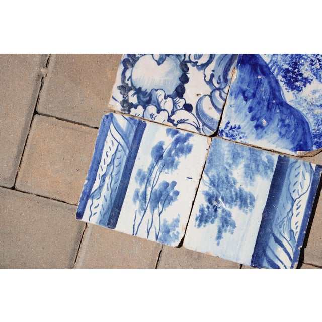 18th Century Antique Portuguese Blue & White Tiles With Floral Cartouche and Landscape Motifs Set of 6 For Sale - Image 6 of 8