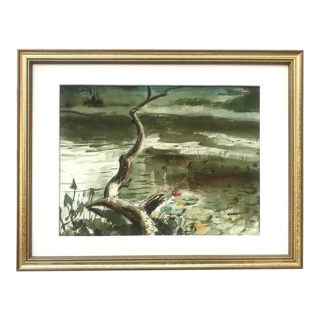 Paint Vintage American Impressionist Watercolor Painting of a Lake by Harry Barton For Sale - Image 7 of 7