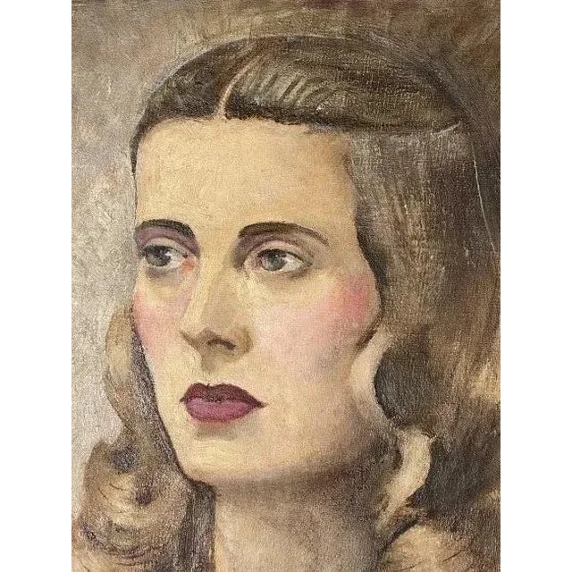 Mid-Century Modern Vintage 1940s Portrait Painting of Woman in Purple Dress For Sale - Image 3 of 4