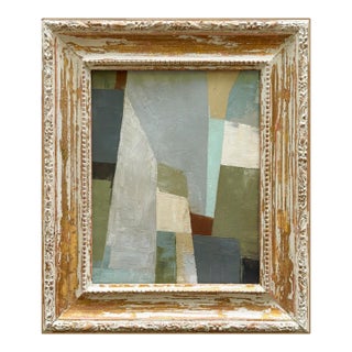 Contemporary Neutral Abstract Oil Painting in Distressed Vintage Frame
