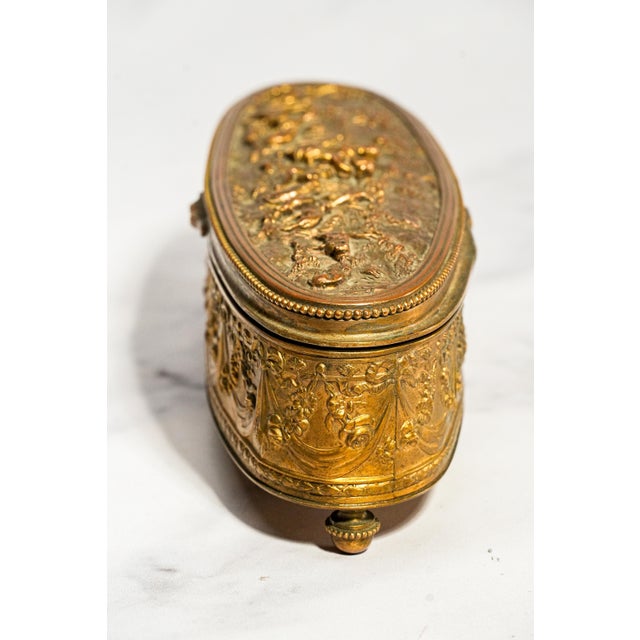 Classy Small Antique French Jewelry Casket Box Gilt Metal Pastoral Relief Trinket Box Made in France Victorian Home Decor For Sale - Image 12 of 14