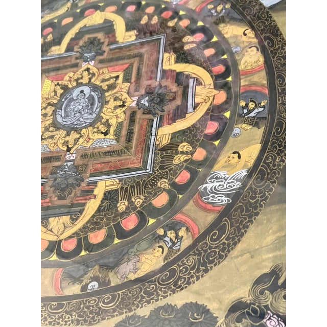 Paint Early 20th Century Hand-Painted Antique Tibetan Thangka, Framed For Sale - Image 7 of 10