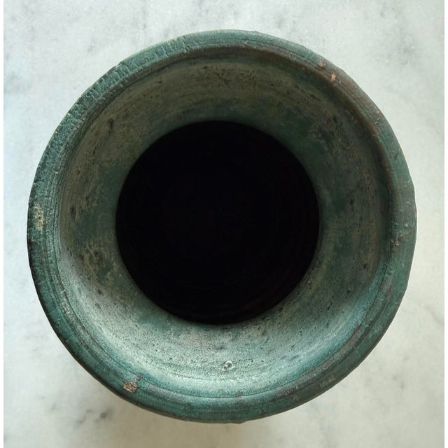 Teal Handmade Sgraffito Pottery Vase With Butterfly and Floral Design For Sale - Image 8 of 9