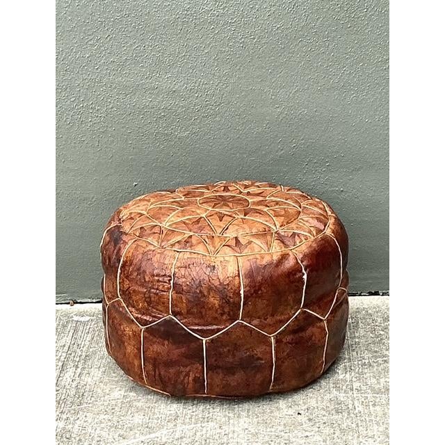 Moroccan Vintage Star Tufted Leather Ottoman For Sale - Image 3 of 12