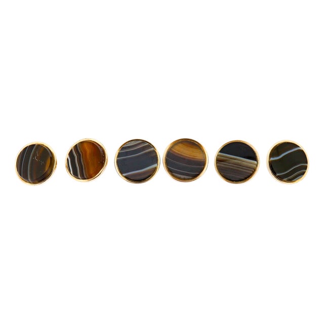 Set of 6 Antique Victorian Banded Agate Cabochon & Gold Plated Buttons For Sale