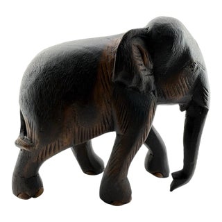 Vintage MCM Wooden Hand Carved Elephant Statue Figurine For Sale