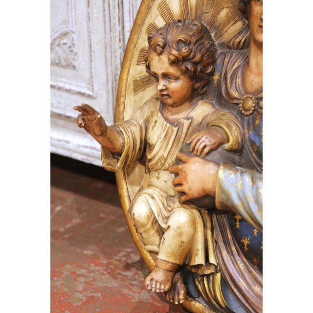 19th Century Spanish Carved Polychrome and Painted Madonna and Child Wall Plaque For Sale In Dallas - Image 6 of 7