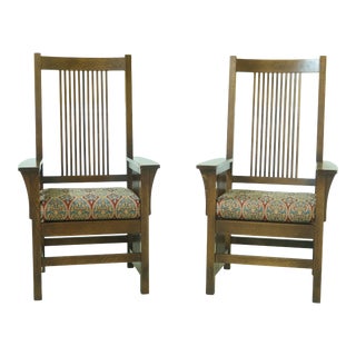 Pair Stickley Tall Back Prairie Style Mission Oak Armchairs For Sale