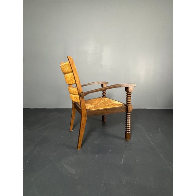 Brutalist Turned Oak and Rush Armchair in the style of Charles Dudouyt, France, 1950s For Sale - Image 12 of 18