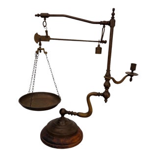 Victorian Antique Brass Balance Scale W/ Candle Holder & Wooden Base Apothecary For Sale