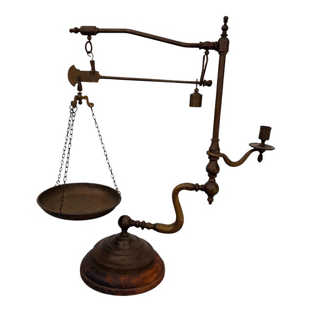 Victorian Antique Brass Balance Scale W/ Candle Holder & Wooden Base Apothecary For Sale