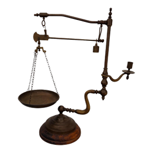 Victorian Antique Brass Balance Scale W/ Candle Holder & Wooden Base Apothecary