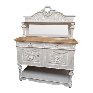 19th Century Gustavian-Style Swedish Painted Buffet With Carved Detail and Mirror Hutch For Sale