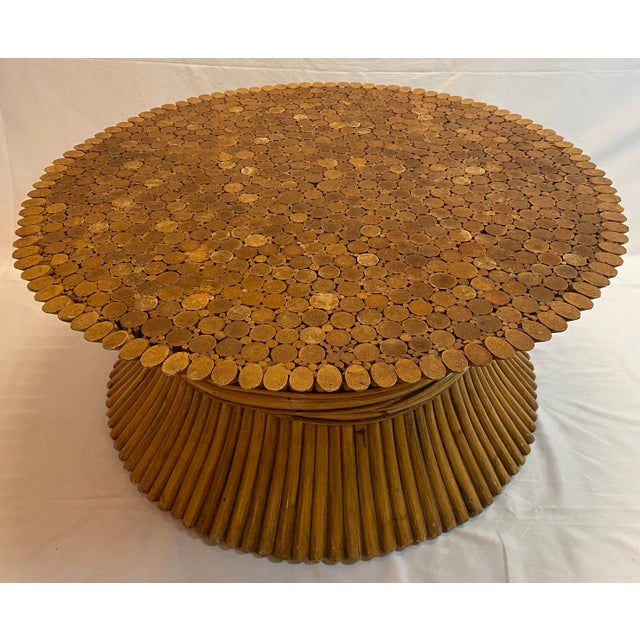 Contemporary Organic Modern McGuire Bamboo & Rattan Round Coffee Table, Sculptural Bamboo For Sale - Image 3 of 10